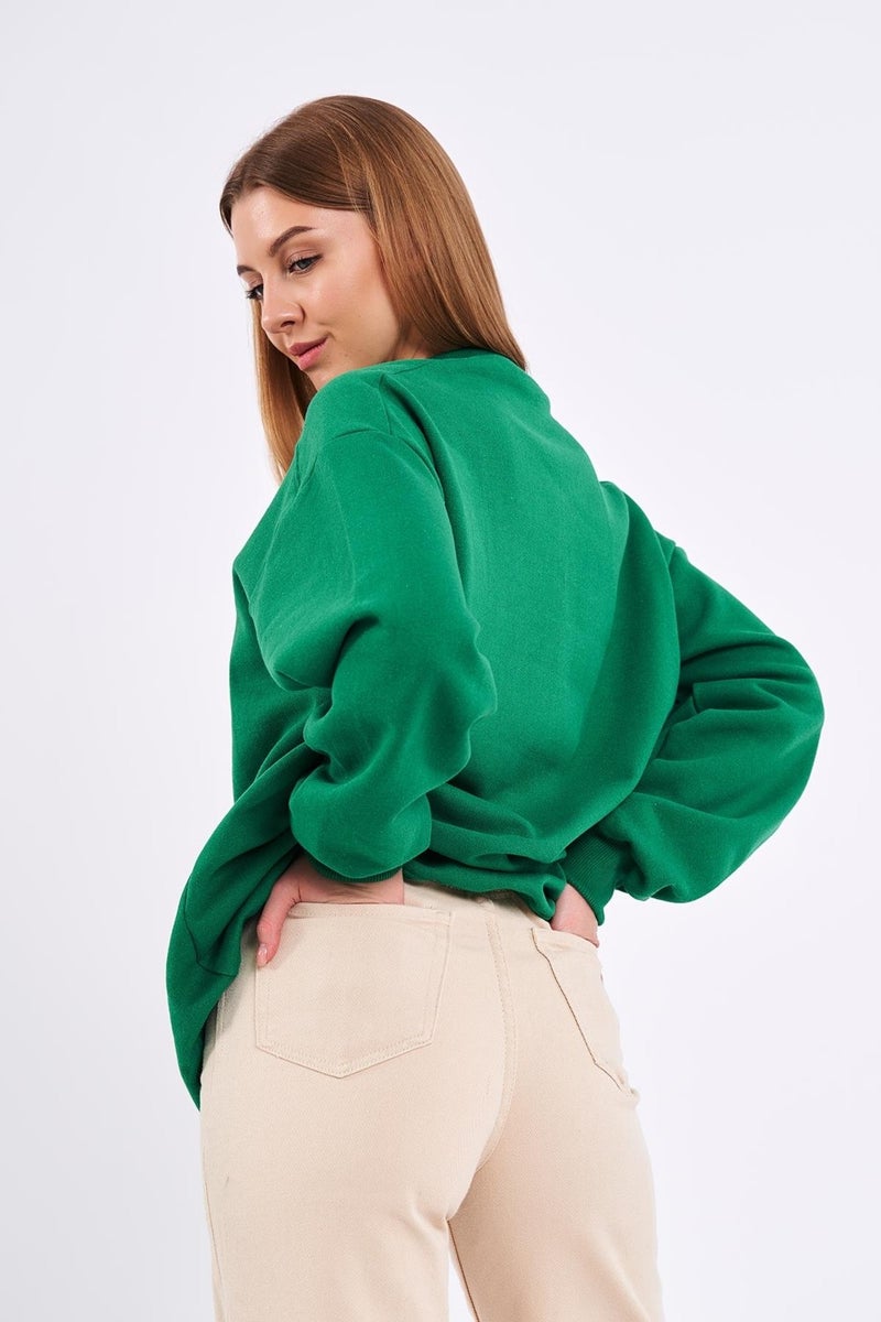 Green Women's Cotton Oversize Basic Crew Neck Sweatshirt