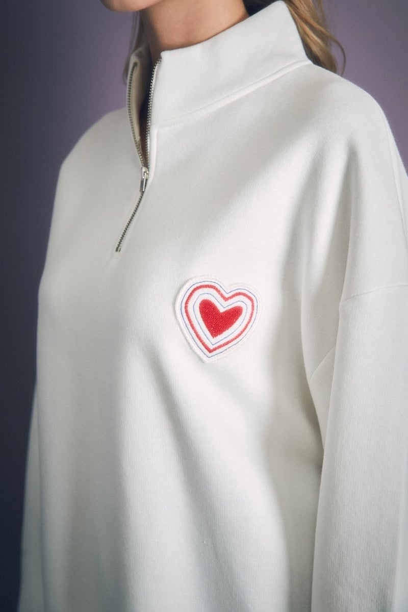 Heart Embroidered Stand Collar Oversize Sweatshirt