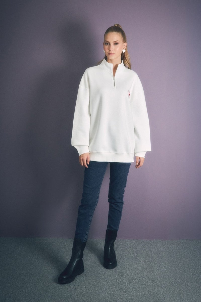 Heart Embroidered Stand Collar Oversize Sweatshirt