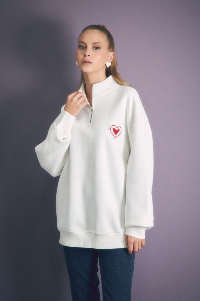 Heart Embroidered Stand Collar Oversize Sweatshirt