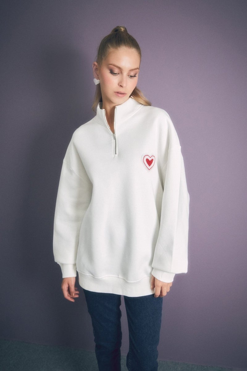 Heart Embroidered Stand Collar Oversize Sweatshirt