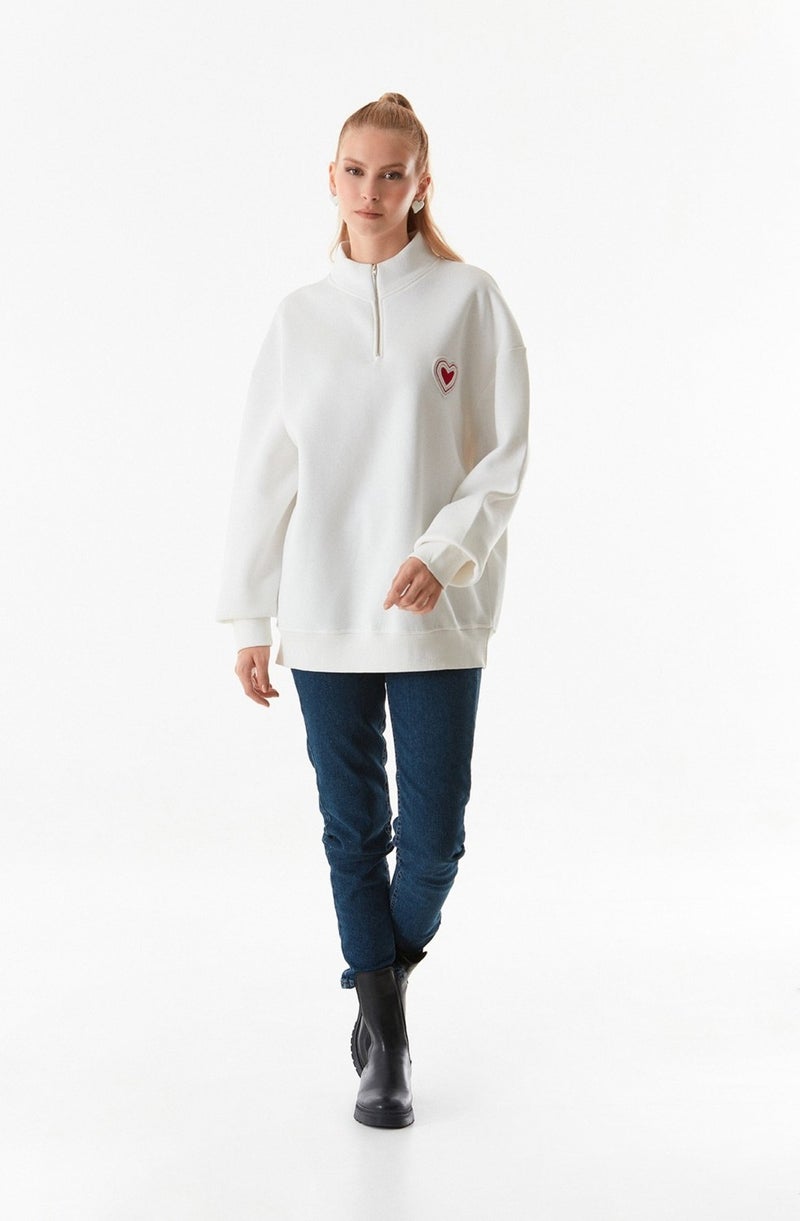 Heart Embroidered Stand Collar Oversize Sweatshirt