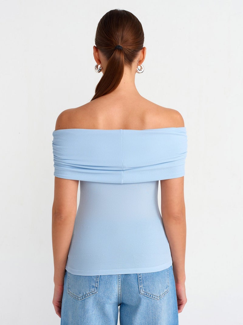 30851 Low Shoulder Blouse-Blue