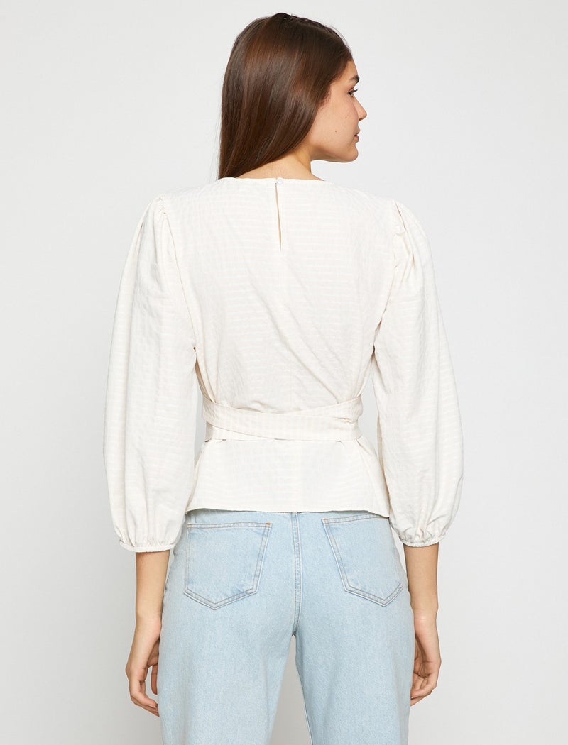 Belted Blouse Balloon Sleeves Crew Neck Textured