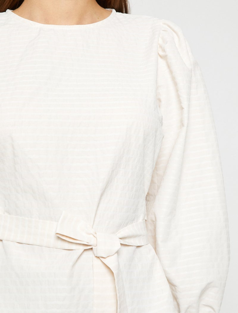 Belted Blouse Balloon Sleeves Crew Neck Textured