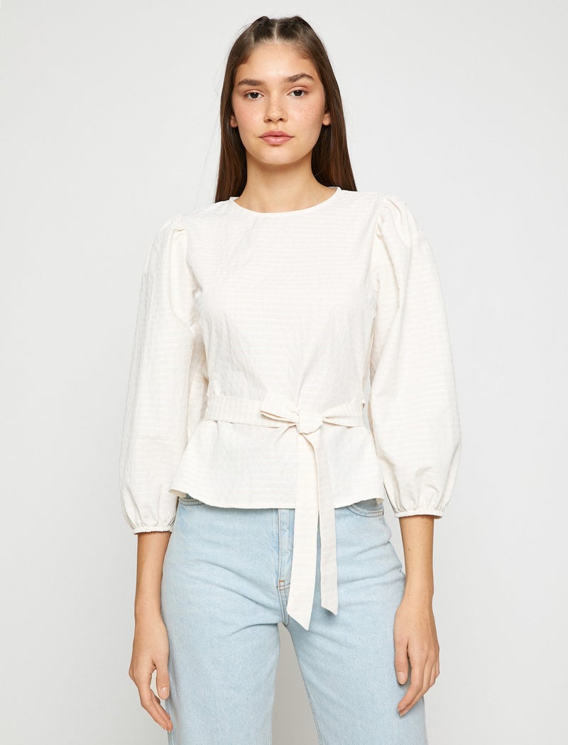 Belted Blouse Balloon Sleeves Crew Neck Textured