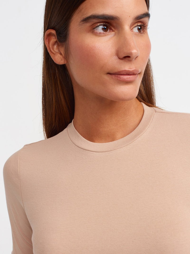 30349 Crew Neck Long Sleeve Top-Beige