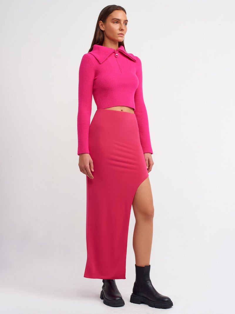 10299 Trucker Collar Ribbed Short Sweater-Fuchsia