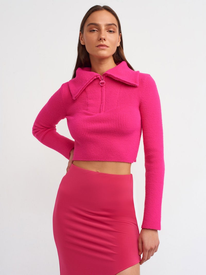 10299 Trucker Collar Ribbed Short Sweater-Fuchsia