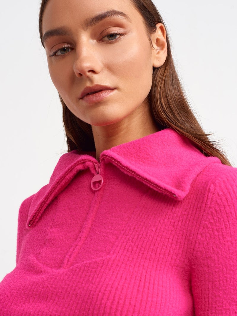 10299 Trucker Collar Ribbed Short Sweater-Fuchsia