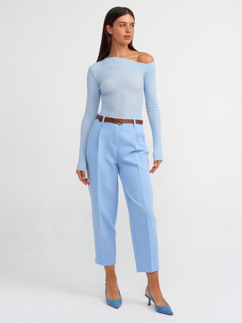 30475 Asymmetrical Collar Long Sleeve Top-Blue