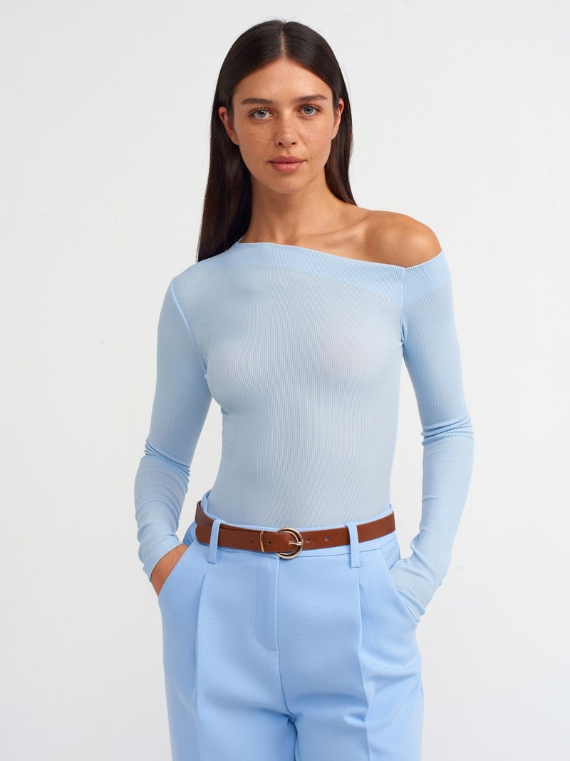 30475 Asymmetrical Collar Long Sleeve Top-Blue