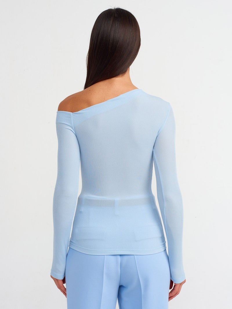 30475 Asymmetrical Collar Long Sleeve Top-Blue