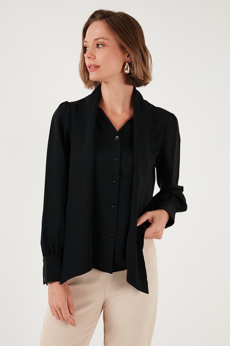 Regular Fit Tie Detail V Neck Shirt Women's Shirt 611GO0202