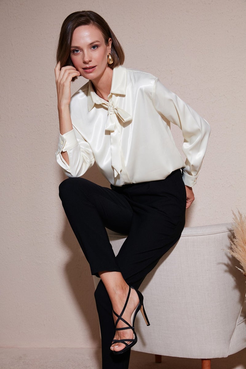 Regular Fit Tie Detail Satin Shirt Women's Shirt 611GO00159