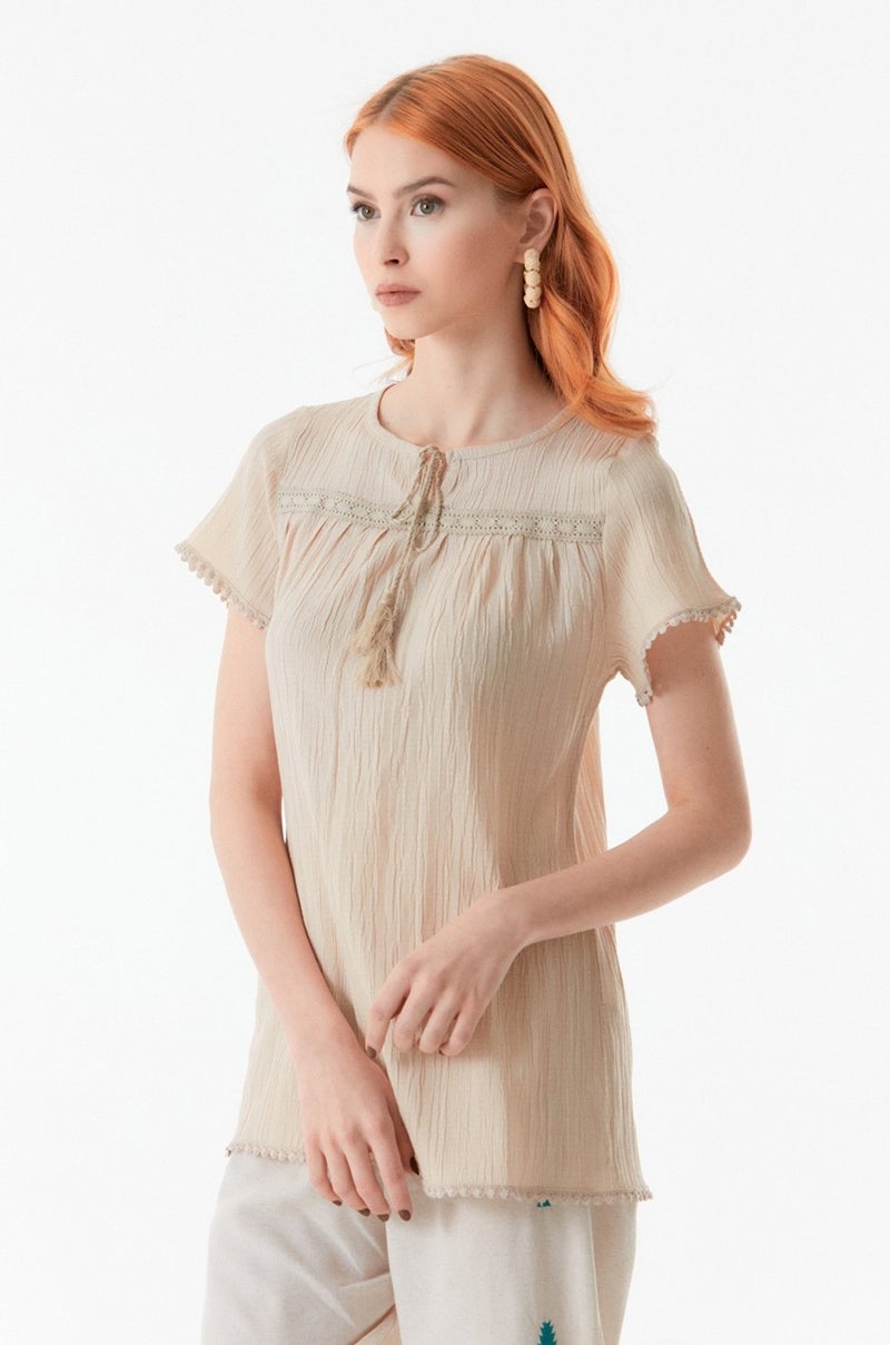 Guipure Detailed Blouse with Tassel Tie Collar