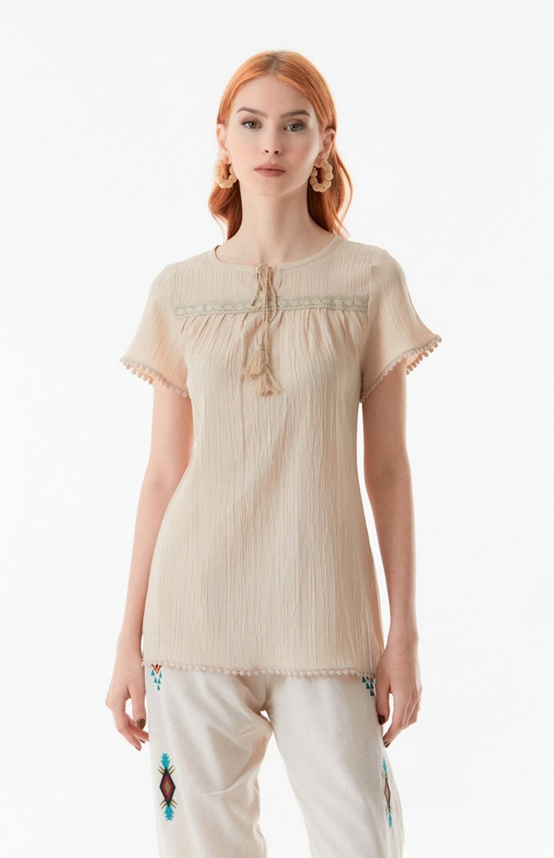 Guipure Detailed Blouse with Tassel Tie Collar