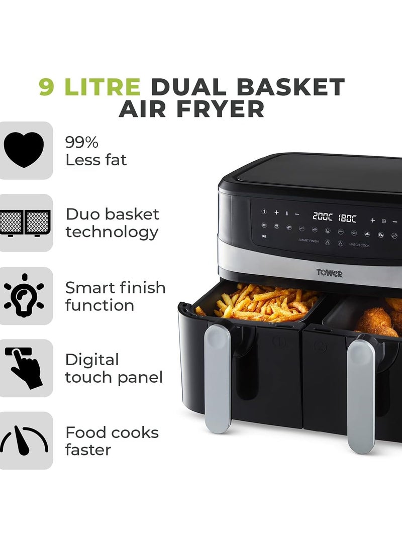 Tower Vortx 9L Dual Basket Air Fryer with Smart Finish, 2600W, Black