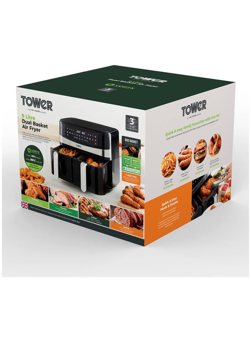 Tower Vortx 9L Dual Basket Air Fryer with Smart Finish, 2600W, Black