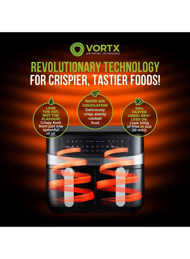 Tower Vortx 9L Dual Basket Air Fryer with Smart Finish, 2600W, Black