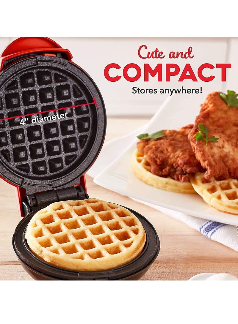 Mini Waffle Maker - 4” Waffle Mold, Nonstick Waffle Iron with Quick Heat-Up, Nonstick Surface - Perfect Mini Waffle Maker for Kids and Families, Just Add Batter (Red)