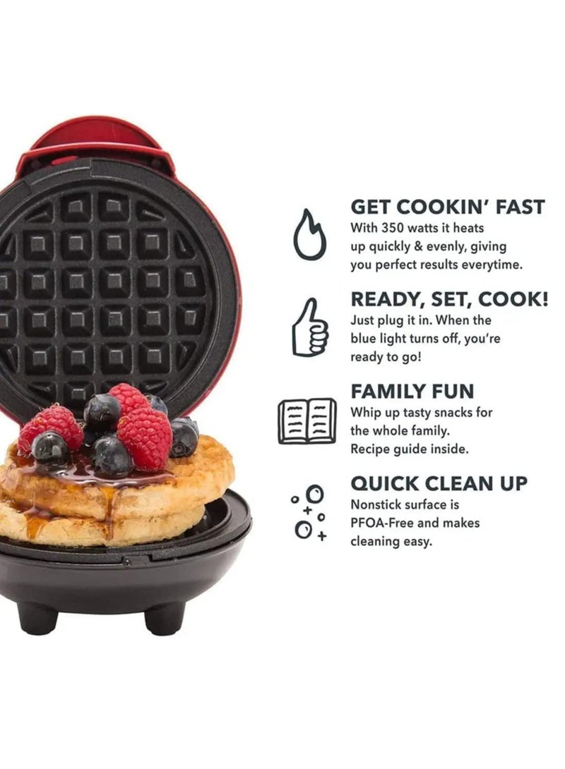 Mini Waffle Maker - 4” Waffle Mold, Nonstick Waffle Iron with Quick Heat-Up, Nonstick Surface - Perfect Mini Waffle Maker for Kids and Families, Just Add Batter (Red)