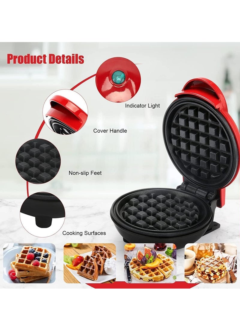 Mini Waffle Maker - 4” Waffle Mold, Nonstick Waffle Iron with Quick Heat-Up, Nonstick Surface - Perfect Mini Waffle Maker for Kids and Families, Just Add Batter (Red)