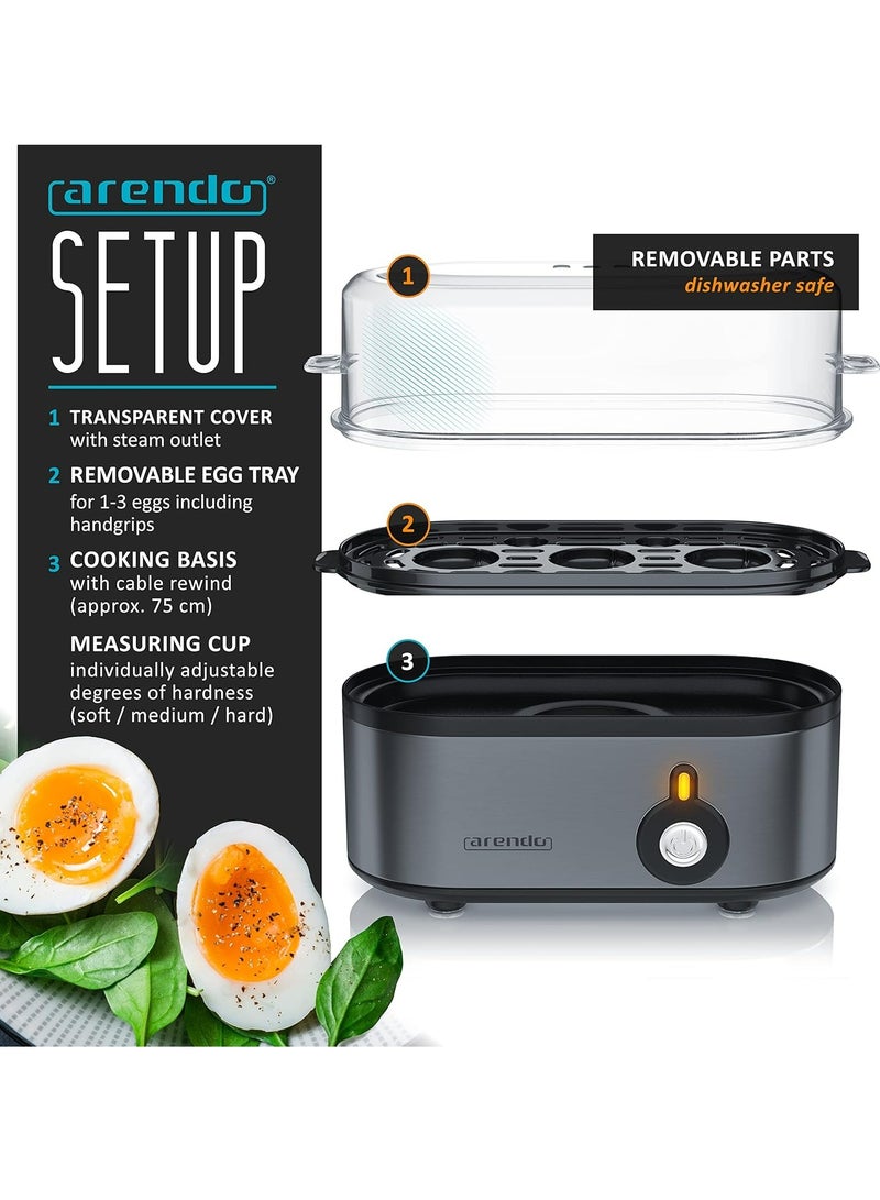 Electric Egg Boiler - 1 to 3 Eggs, Automatic Cooker, Warming Function, Stainless Steel, Cool Grey