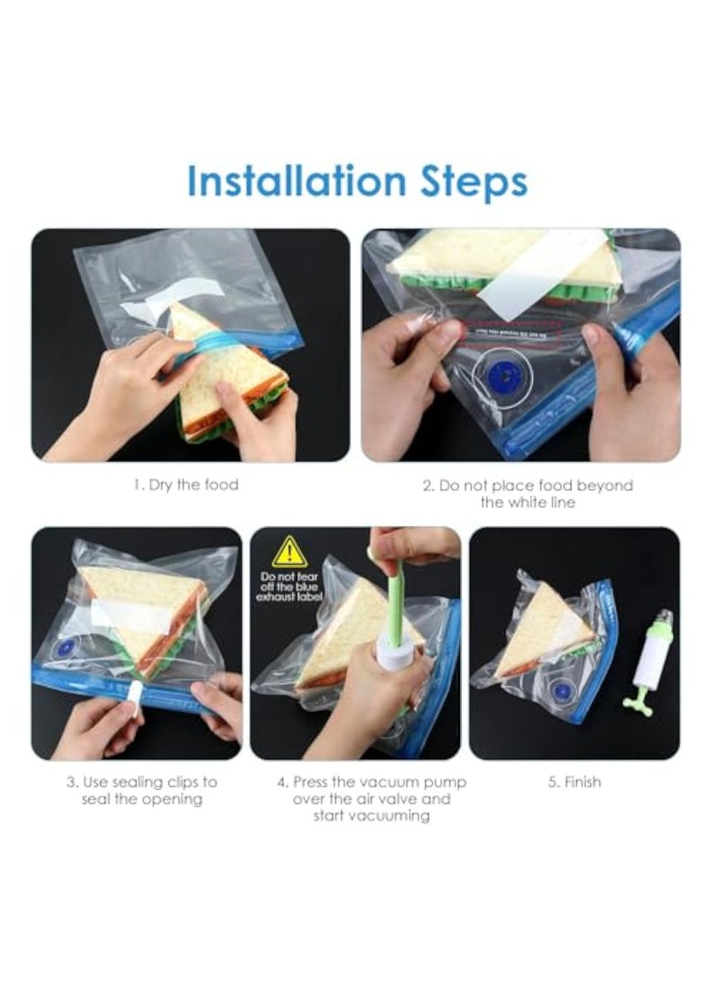 15 Pieces Reusable Food Vacuum Sealers Bags, with 1 Handheld Pump Bag Kit Portable Vacuum Set 3 Size Sealed Freezer Bag 5 Sealing Clips 4 Green Cooking Tong Vegetables Food Sandwich Storage