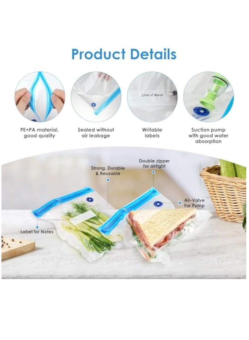 15 Pieces Reusable Food Vacuum Sealers Bags, with 1 Handheld Pump Bag Kit Portable Vacuum Set 3 Size Sealed Freezer Bag 5 Sealing Clips 4 Green Cooking Tong Vegetables Food Sandwich Storage