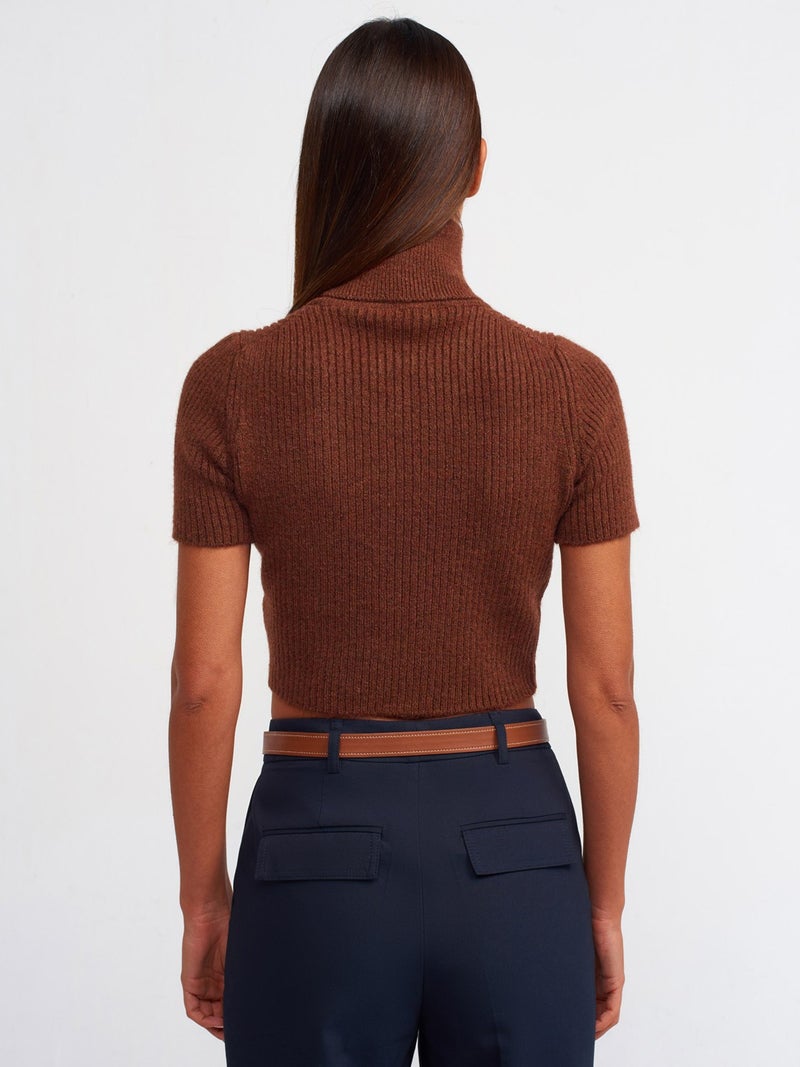 10487 Full Turtleneck Ribbed Short Sleeve Crop Sweater-Light Brown