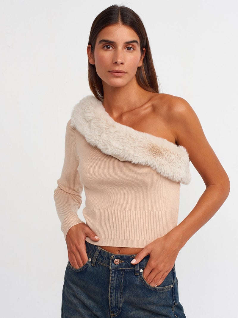 10452 Functional Fur Collar Single Sleeve Sweater-Beige