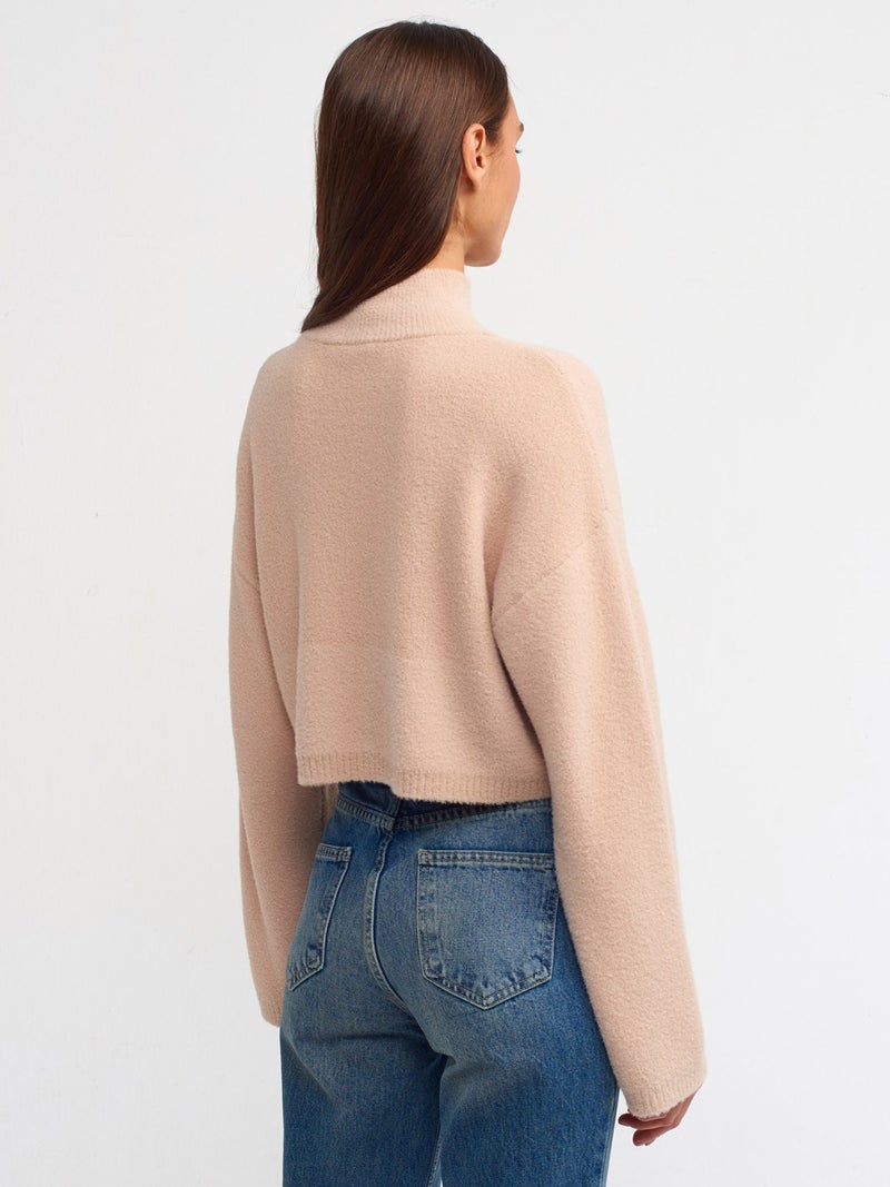 10483 Soft Textured Stand-up Collar Crop Sweater-Beige