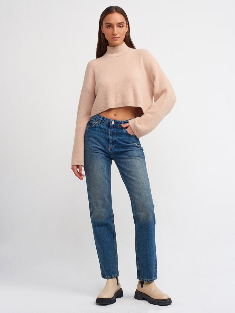 10483 Soft Textured Stand-up Collar Crop Sweater-Beige