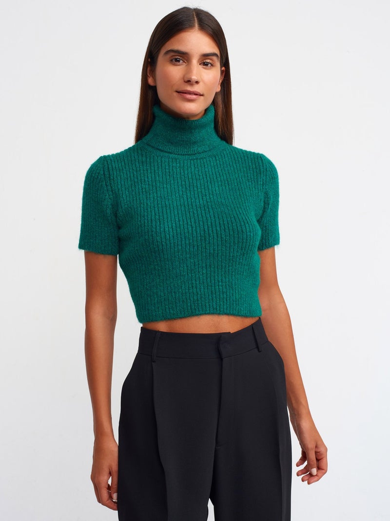 10487 Full Turtleneck Ribbed Short Sleeve Crop Sweater-Emerald