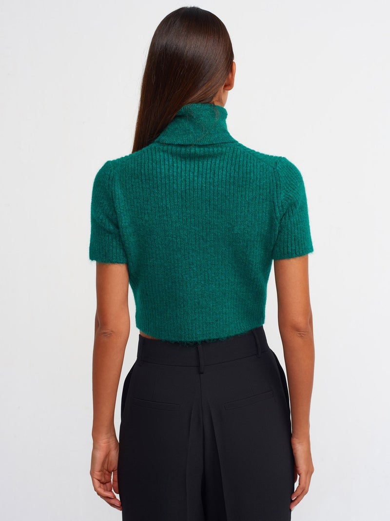 10487 Full Turtleneck Ribbed Short Sleeve Crop Sweater-Emerald