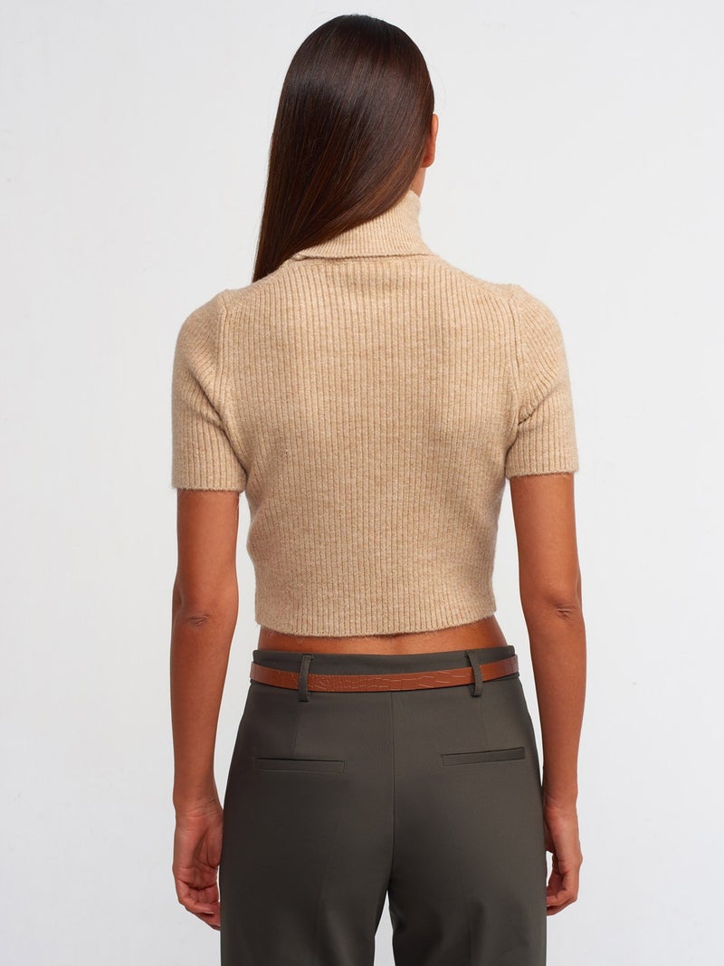 10487 Full Turtleneck Ribbed Short Sleeve Crop Sweater-Beige