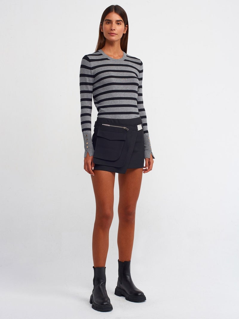 10433 Crew Neck Striped Mid-Sleeve Drolpu Sweater-Smoked-Black