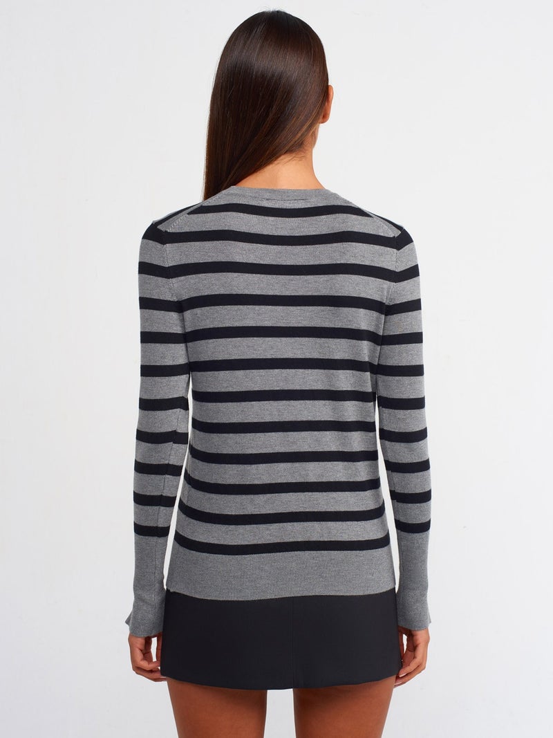 10433 Crew Neck Striped Mid-Sleeve Drolpu Sweater-Smoked-Black