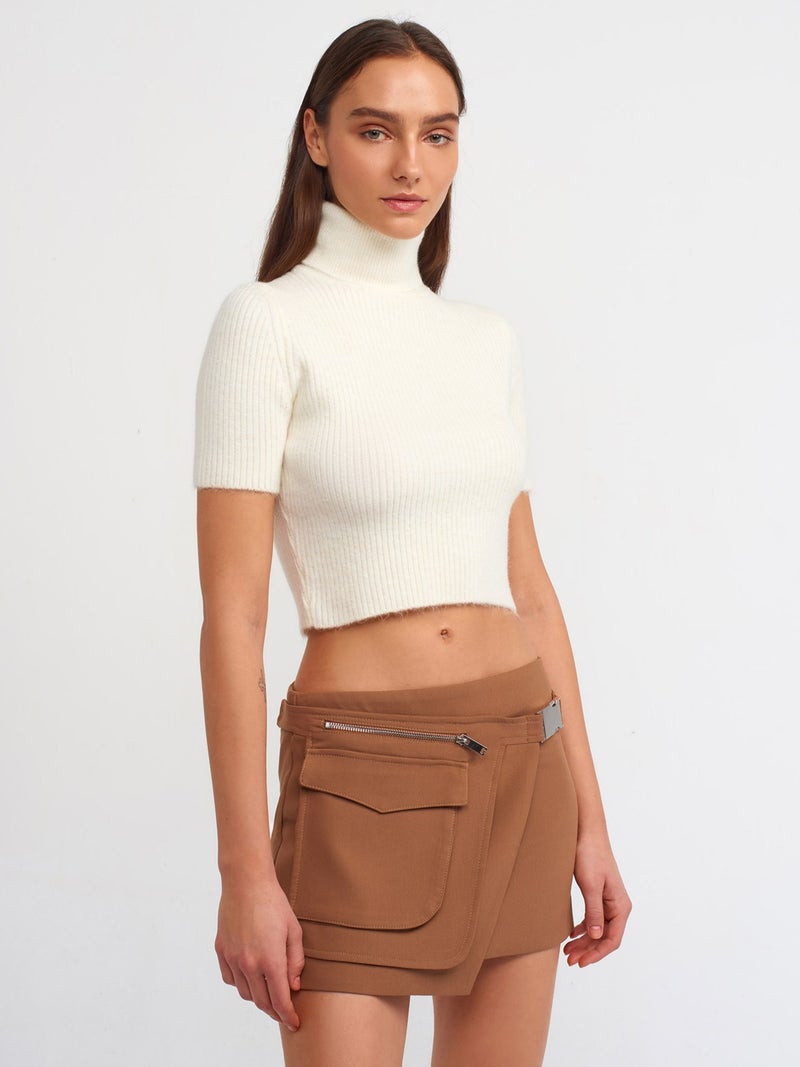 10487 Full Turtleneck Ribbed Short Sleeve Crop Sweater-Ecru