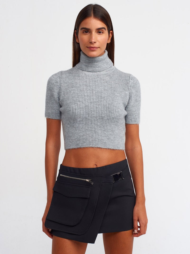 10487 Full Turtleneck Ribbed Short Sleeve Crop Sweater-Dark Gray