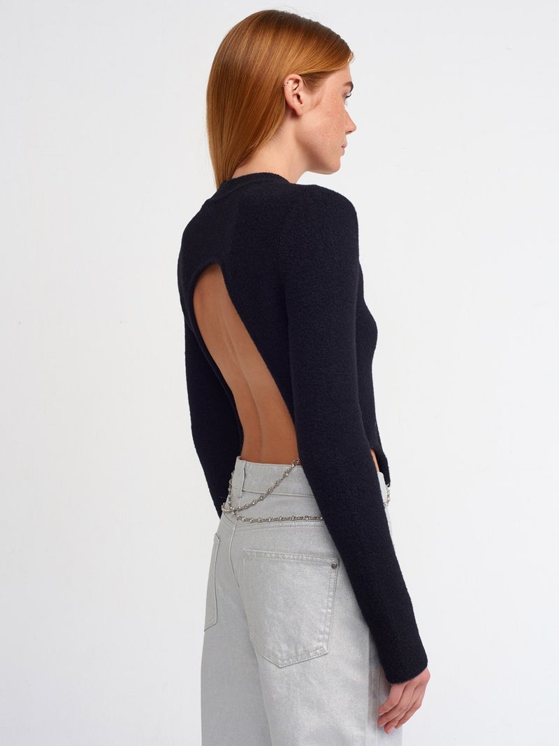 10494 Soft Textured Backless Chain Detailed Stoned Sweater Black