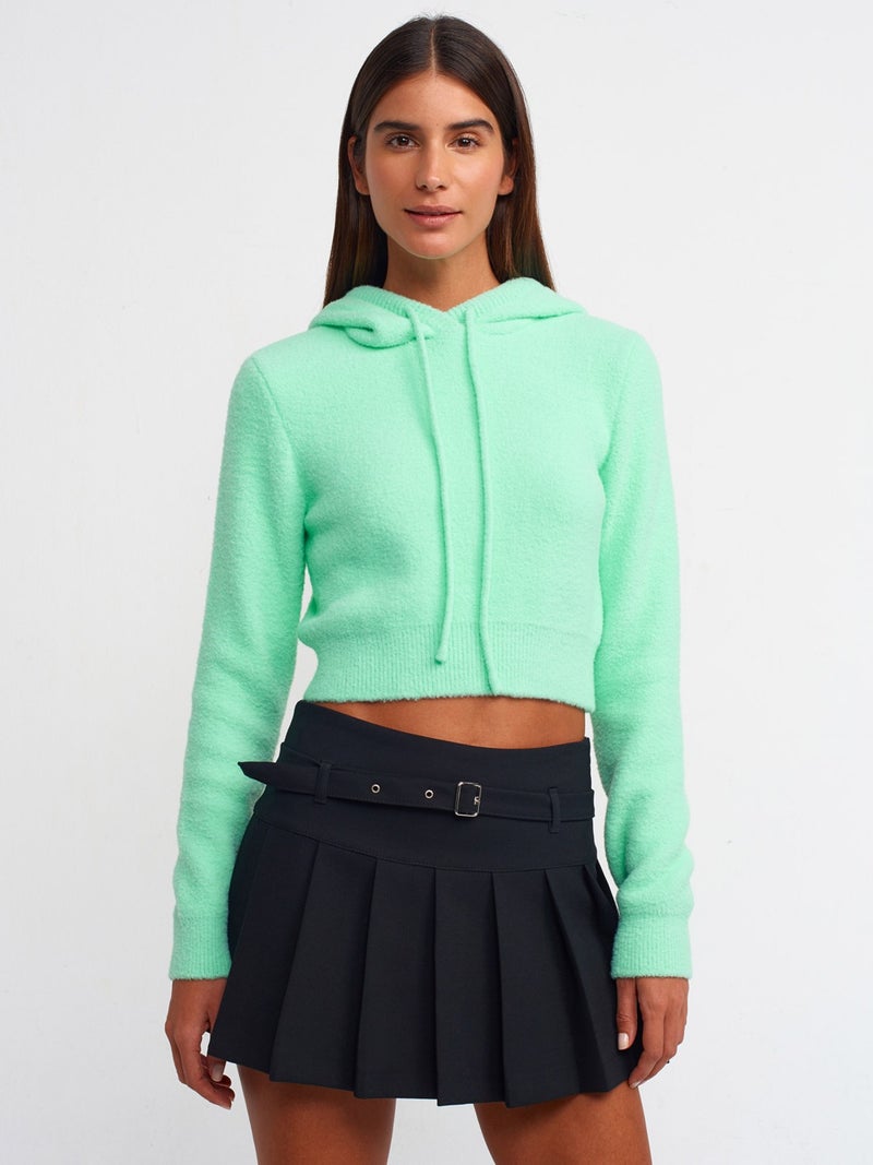 10486 Soft Textured Hooded Crop Sweater-Cyan