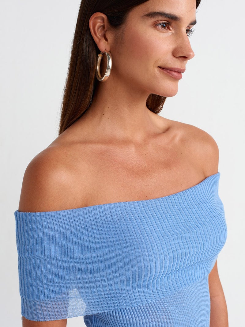 10558 Bardot Collar Ribbed Fine Knitwear Sweater-Blue