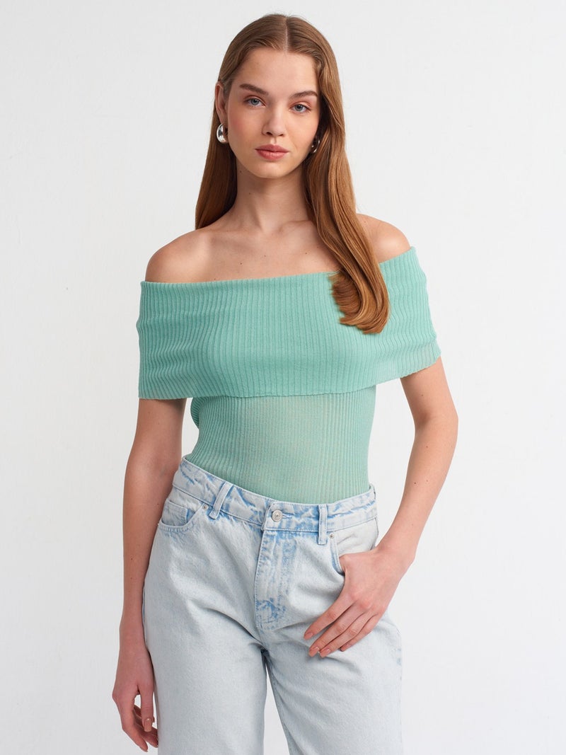 10558 Bardot Collar Ribbed Fine Knitwear Sweater-Mint