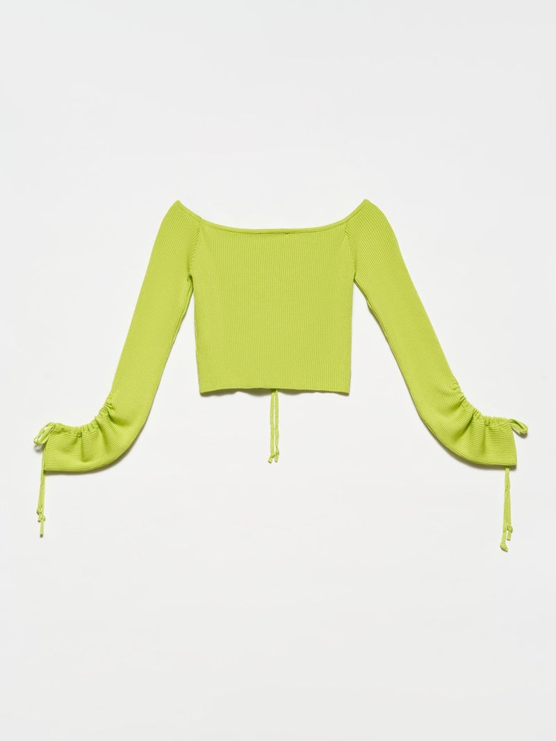 10192 Open Shoulder Drawstring Lace-Up Sweater-Lime