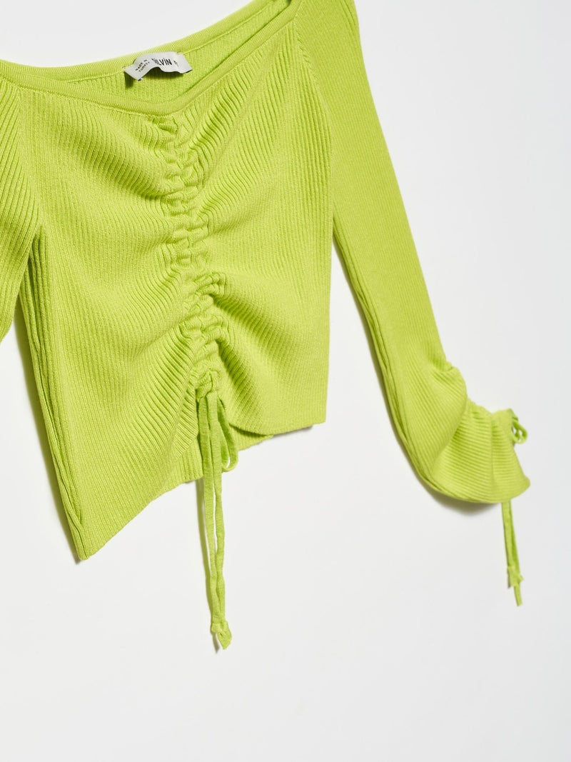 10192 Open Shoulder Drawstring Lace-Up Sweater-Lime