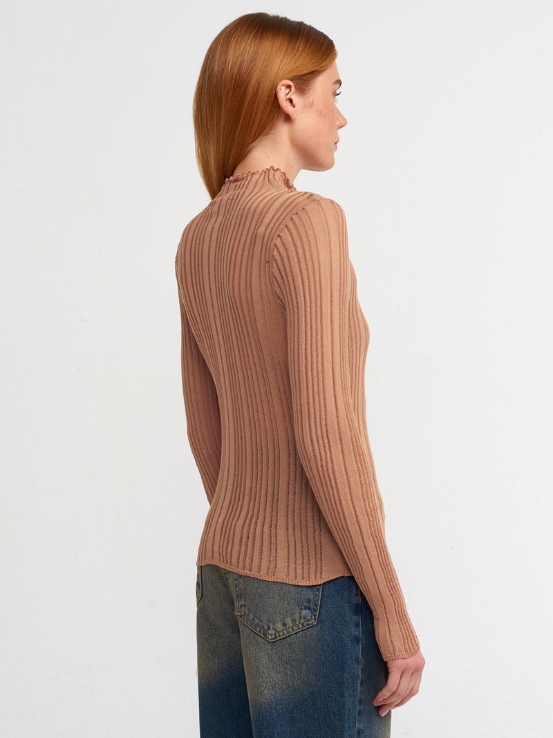 10497 High Collar Ribbed Transparent Sweater Camel