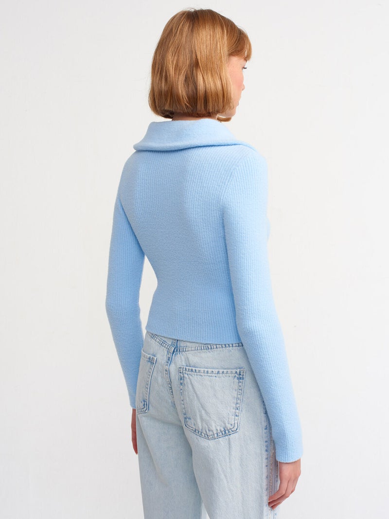 10299 Truck Collar Ribbed Short Sweater Blue