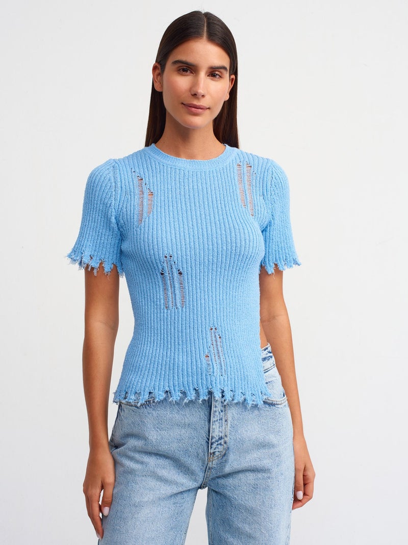 10555 Crew Neck Ripped Detailed Knitwear Sweater-Blue